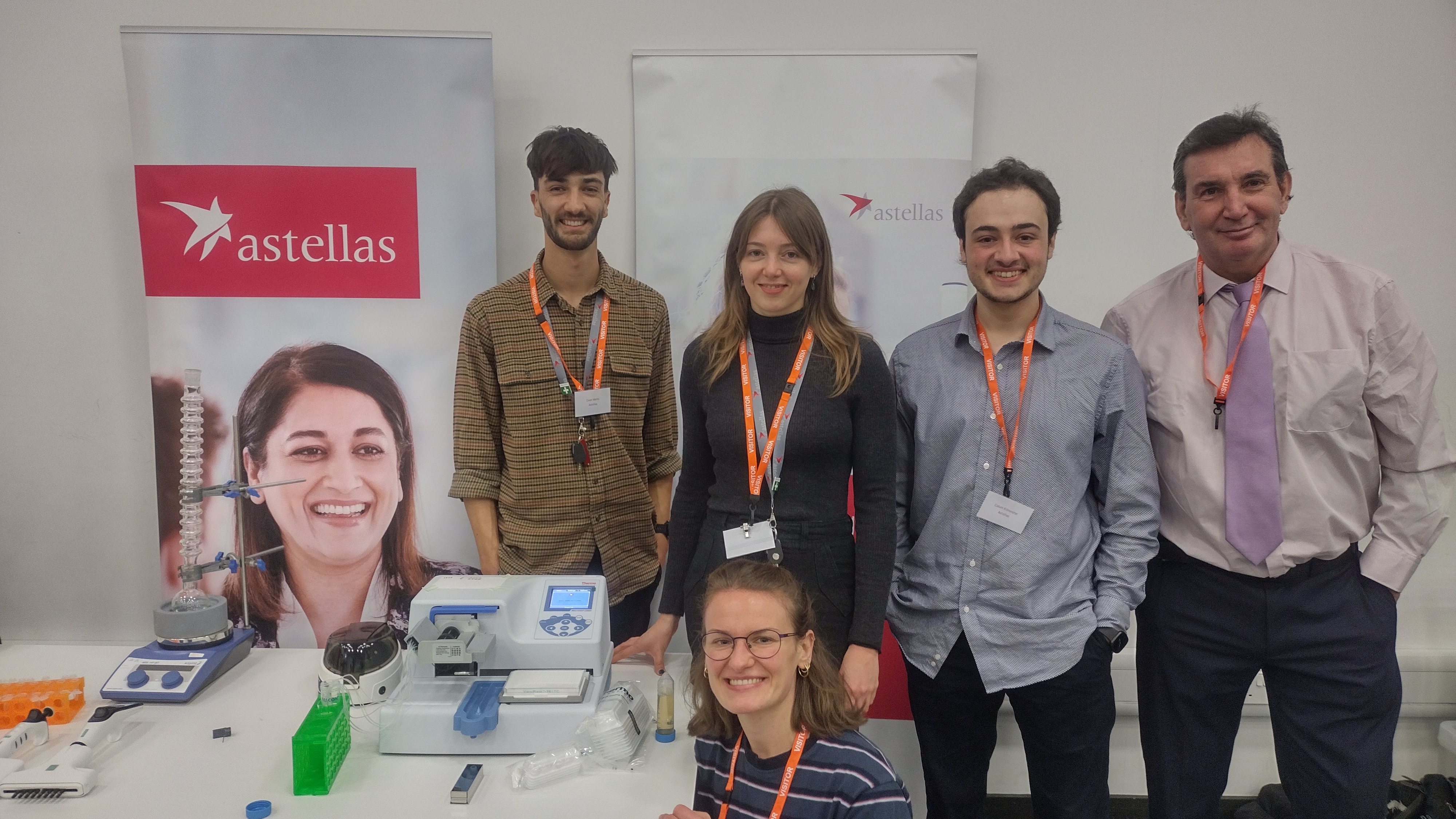 The Astellas team who volunteered at the event: Calum Kilminster, Laboratory supervisor (operations), Esme Atkin, Senior Research Associate/Analytical Chemist (Chemistry), Ewan Marks, Research Scientist (Biology), Josie Ells, Research Associate and Keith Moore, Head of Biology