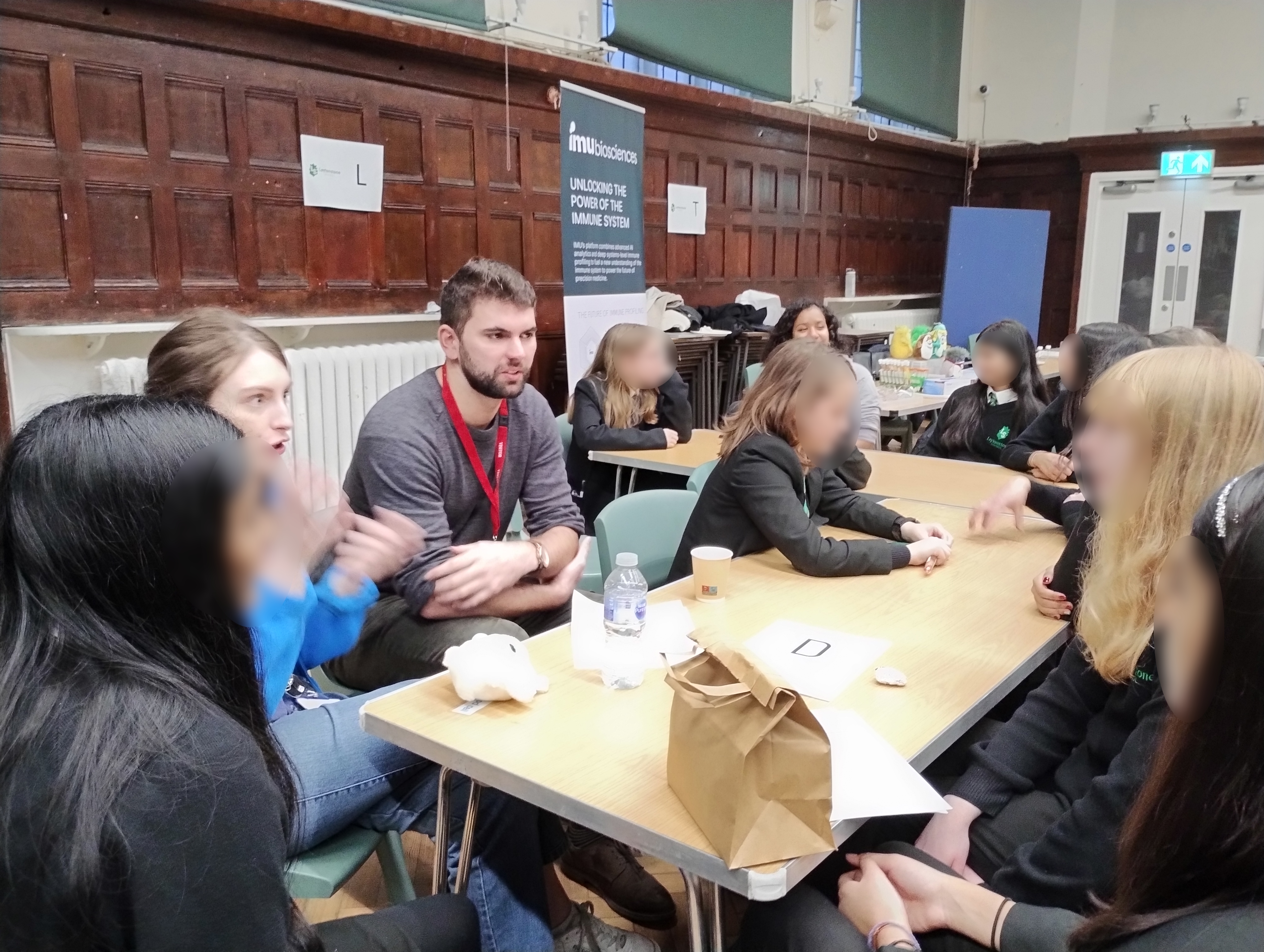 Anna Lambert from Centre of the Cell and Malachy Finnegan from Barts Life Sciences with students